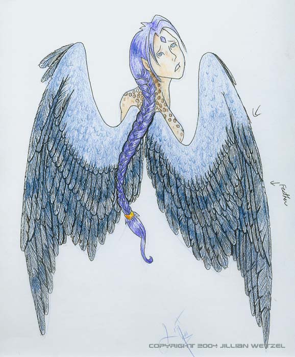 sad dude with wings and blue hair